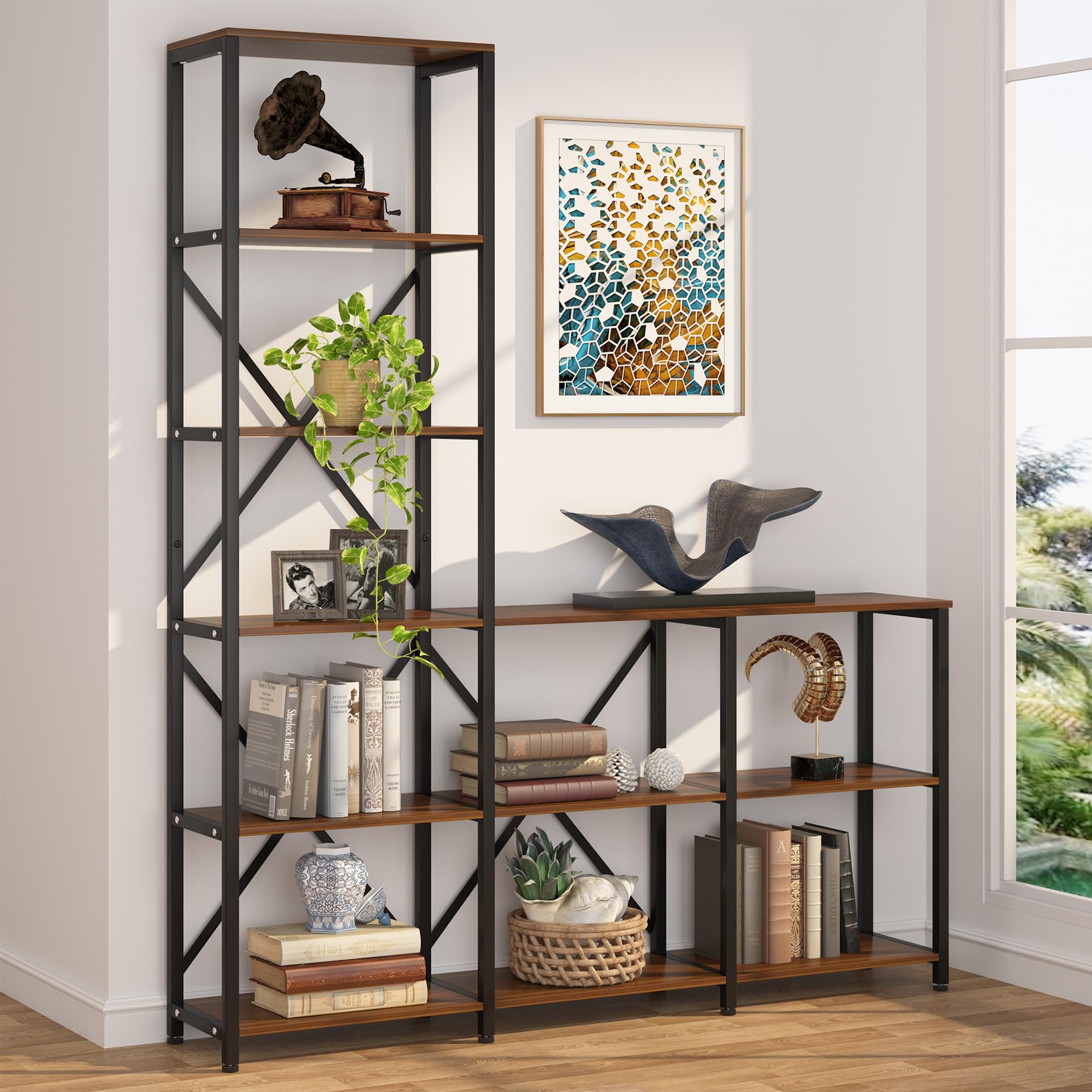 9 Shelves Bookshelves, Industrial Ladder Corner Etagere Bookcase, Rustic 6-Tier Display Open Shelf Storage Organizer for Living Room