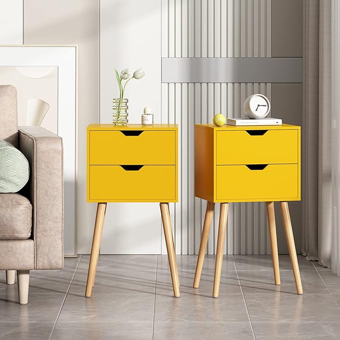 Nightstands Set of 2, Night Stand with Drawers, Bedside Tables with Solid Wood Legs and