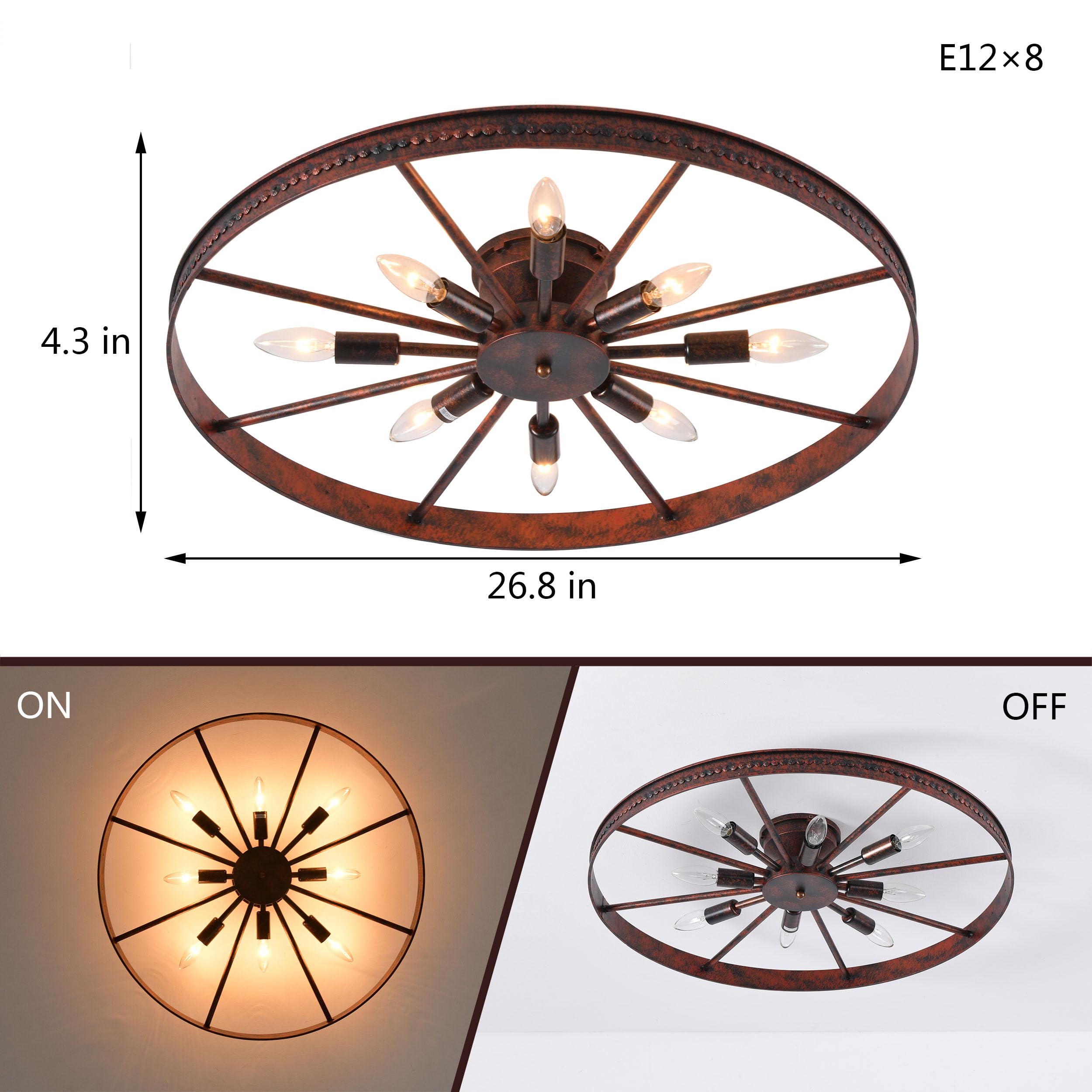 Farmhouse Ceiling Light - 26.8" Red Rust Metal Flush Mount Fixture (8-Light)