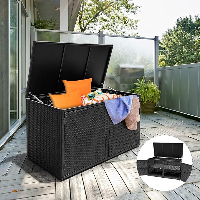 Outdoor Wicker Storage Box, Garden Deck Bin with Steel Frame, Rattan Storage Box
