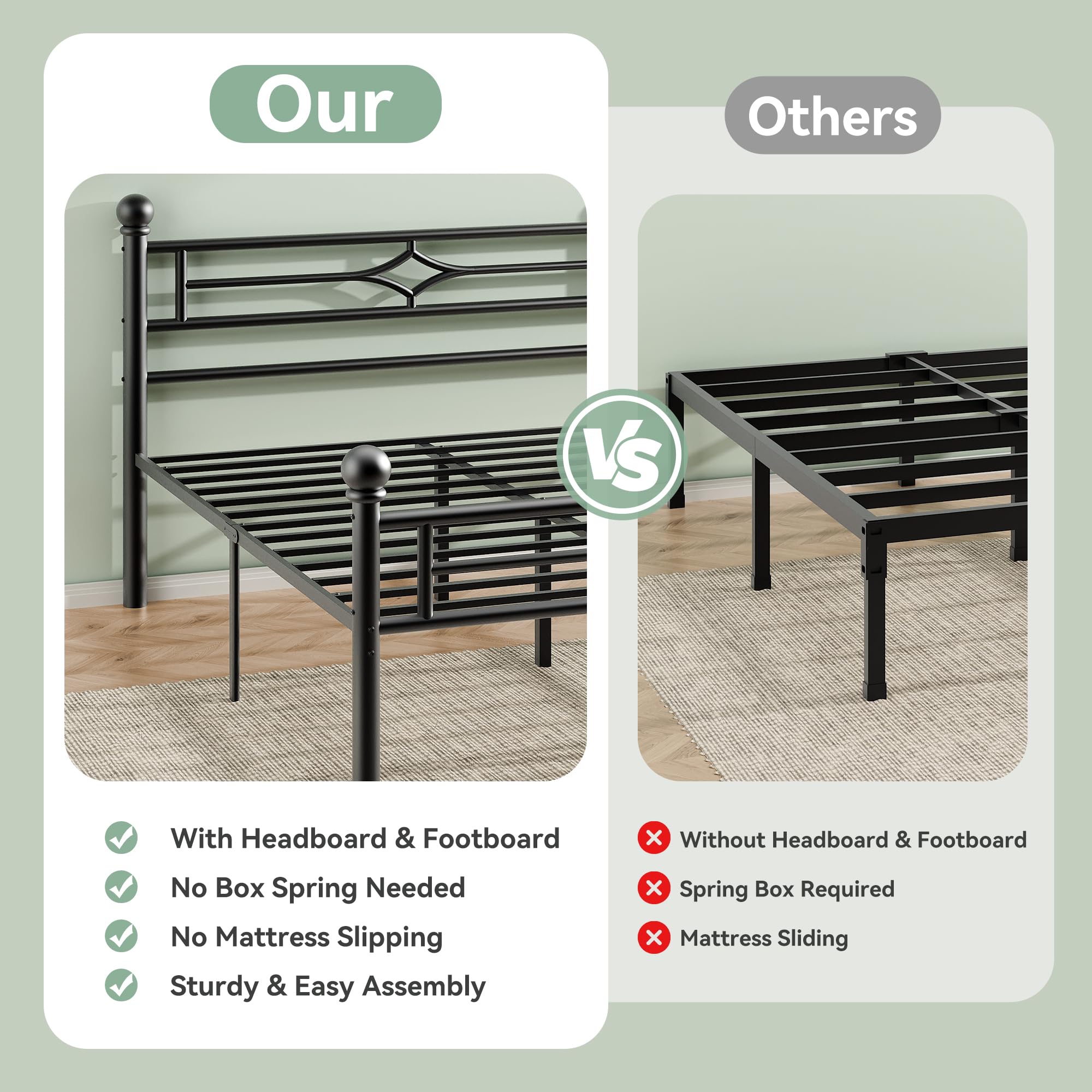 Full Bed Frame with Headboard and Footboard - Heavy Duty Metal Platform