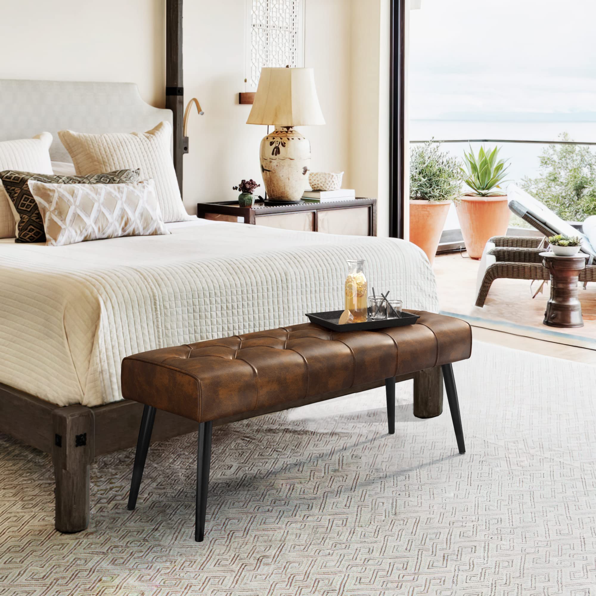 Button-Tufted Ottoman Bench,  Faux Leather Upholstered Bedroom Bench