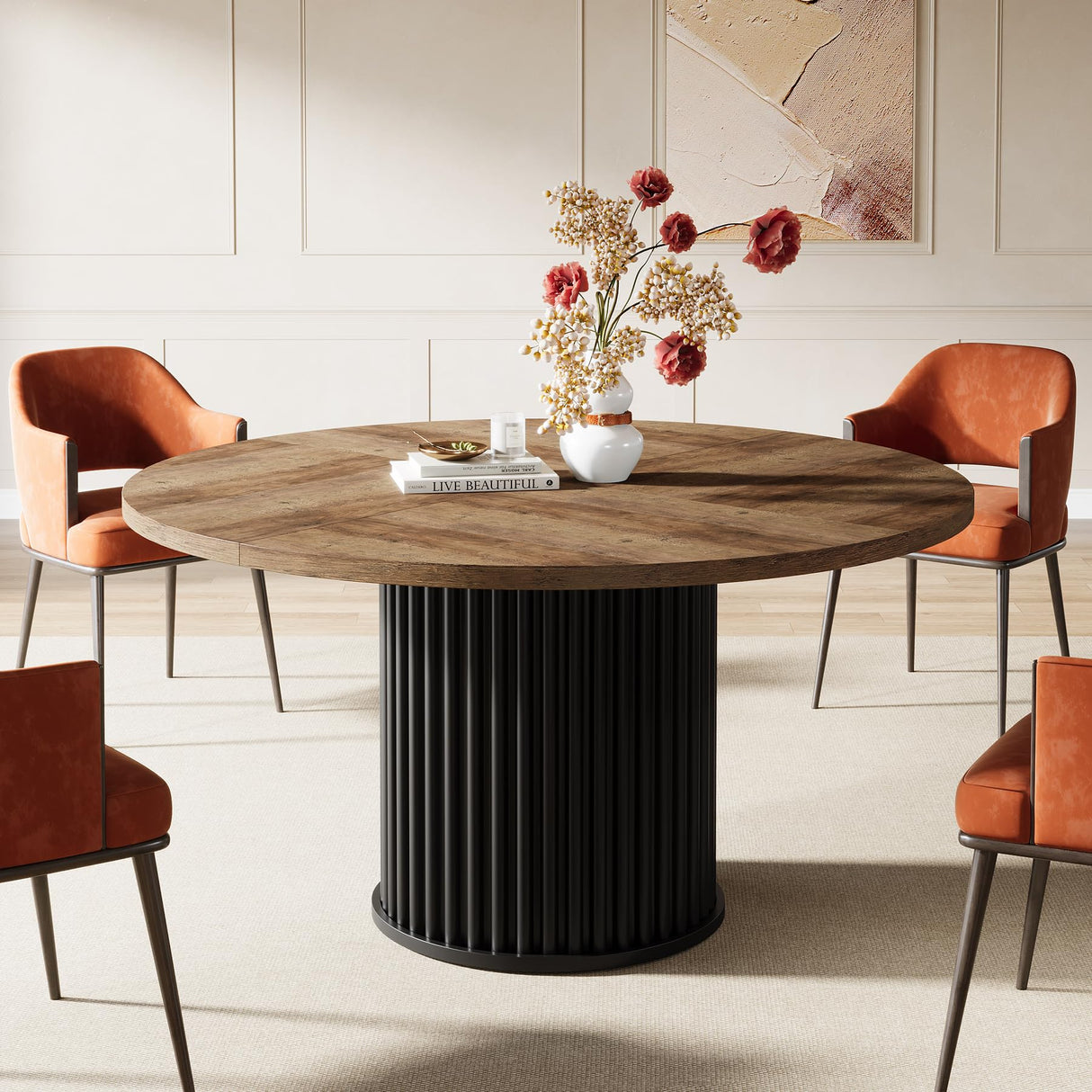 47-Inch Round Dining Table for 4-6 People - Modern Fluted Design