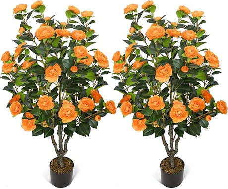 2 Pack Artificial Camellia Trees 42in/3.5ft Flowers Trees with 36 Rose Red Flowers Fake