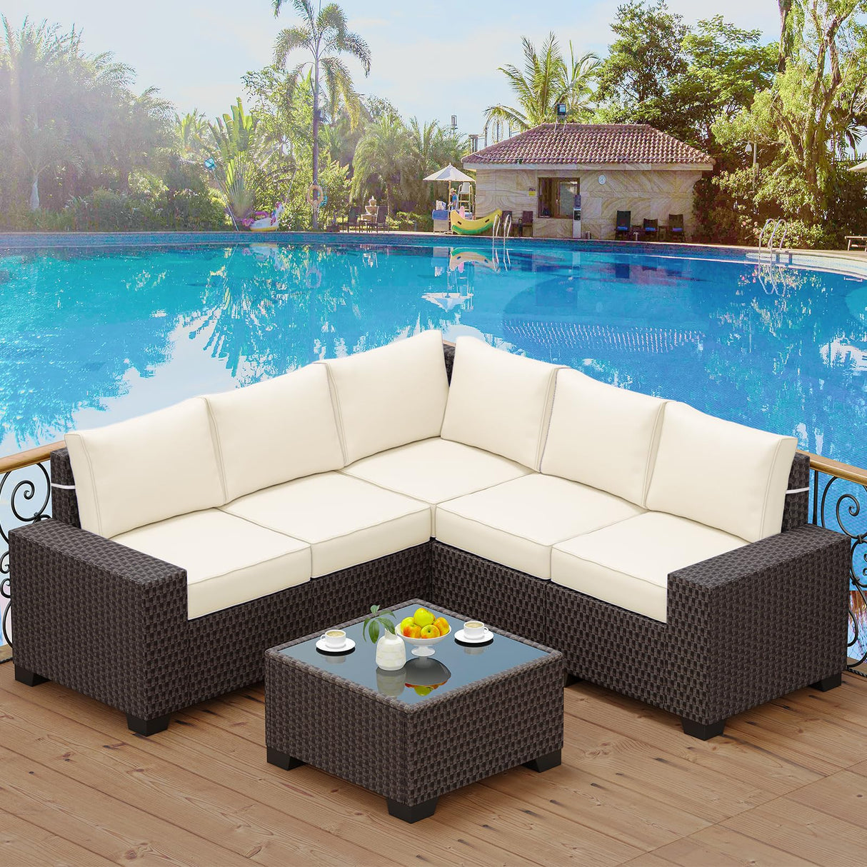 6-Piece Outdoor Wicker Patio Furniture Set with Cushions and Glass Coffee Table