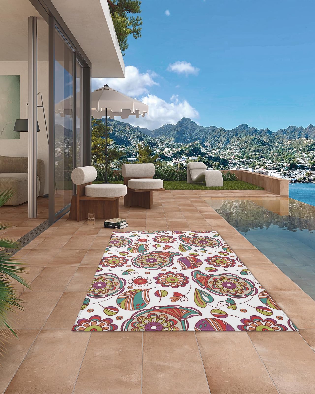 Outdoor Rug 4x6 ft Floral Outdoor Large Area Rug Non Slip Rubber Spring Flower White
