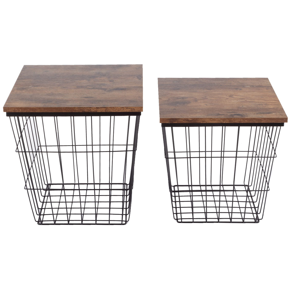 End Tables Set of 2 - Nesting Tables with Removable Wood Tops and Metal Basket Bases