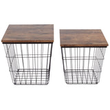 End Tables Set of 2 - Nesting Tables with Removable Wood Tops and Metal Basket Bases