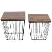 End Tables Set of 2 - Nesting Tables with Removable Wood Tops and Metal Basket Bases