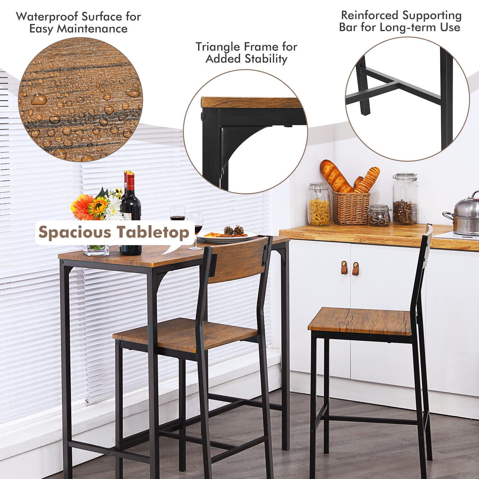 3 Piece Pub Table Set, Bar Table and Chairs Set of 2