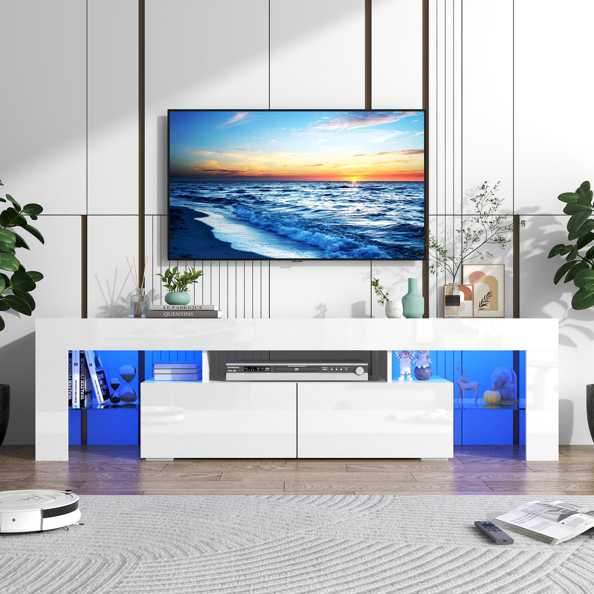 LED TV White Stand for 55/60/65inch TV,Modern Entertainment Center with 2 Storage