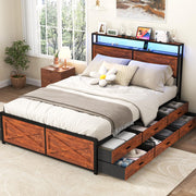 Queen Size Bed Frame with 12 Storage Drawers and LED Headboard