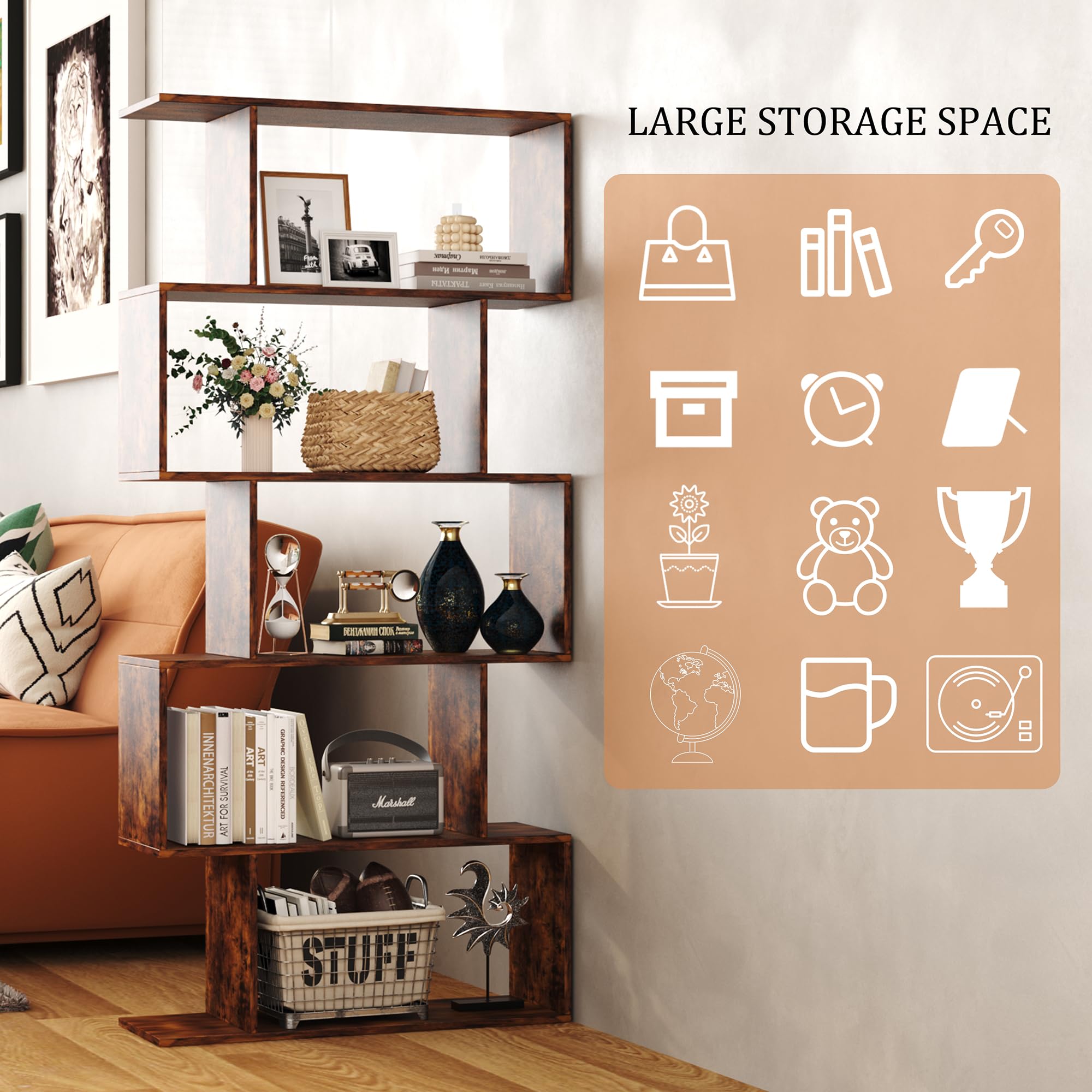 Bookshelf 5-Tier, Geometric Bookcase S Shaped Book Shelves for Bedroom, Modern Industrial Wood Decorative Display Shelf Book Case for Home Office, Rustic Brown