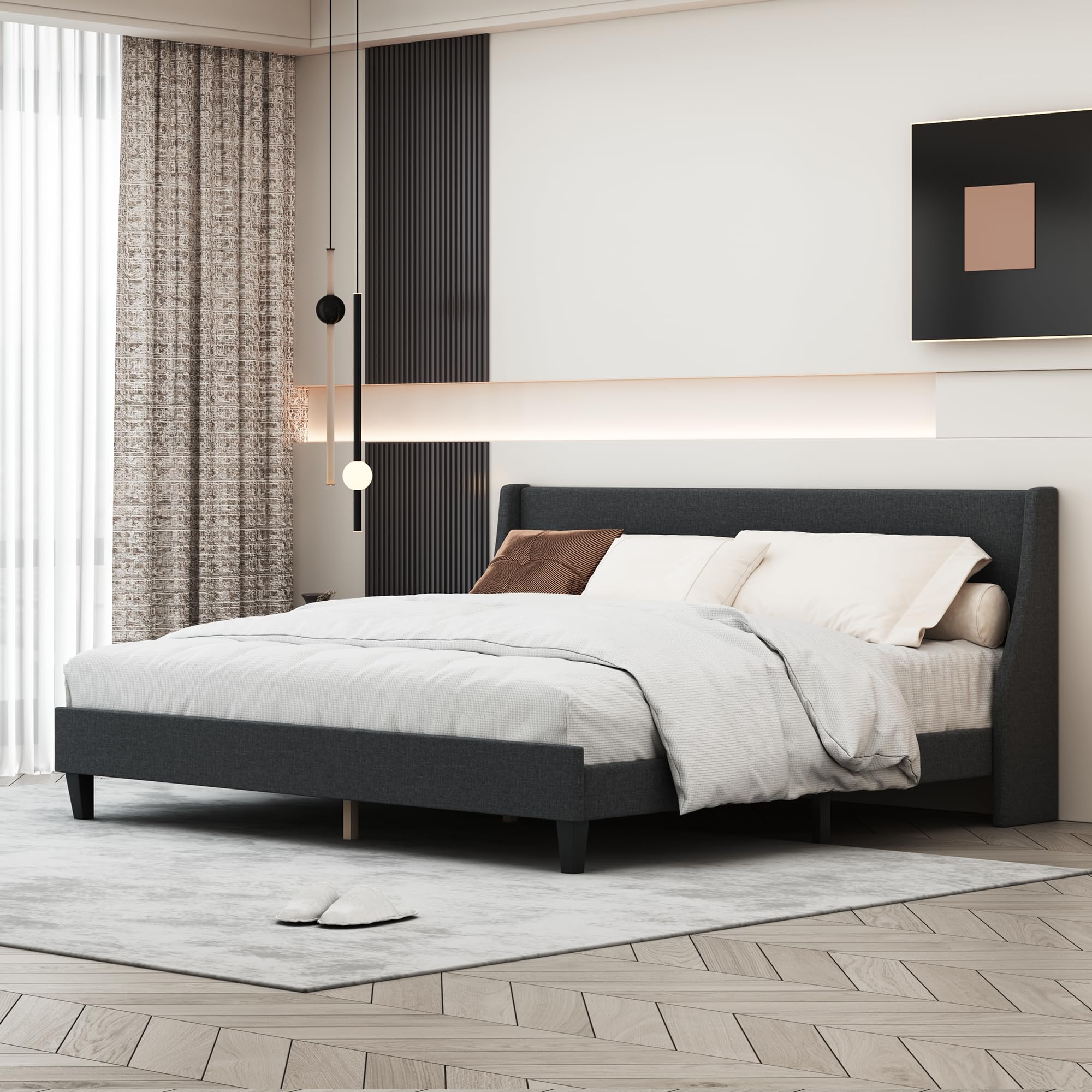 King Size Upholstered Platform Bed with Linen Fabric Adjustable Headboard