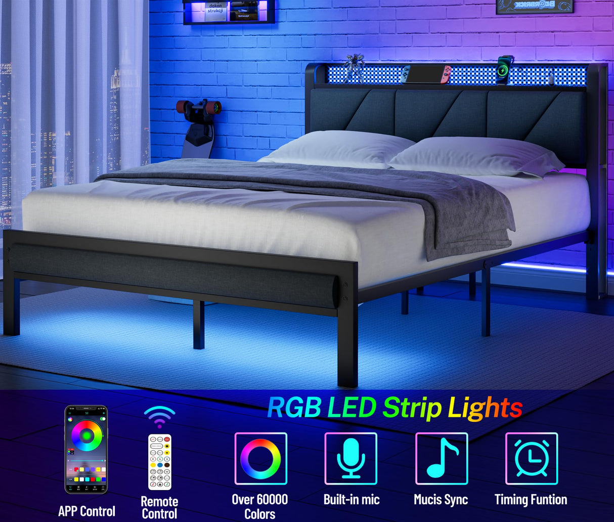 Queen Size Upholstered Bed Frame with LED Lights and Charging Station