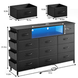 Fixwal Black Dresser for Bedroom with Power Outlets and LED Lights 11 Drawers Dresser with Side Pocket for Kids Bedroom, Fabric Chest of Drawers, for 60inch TV Long Dresser Storage Organizer