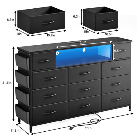 Fixwal Black Dresser for Bedroom with Power Outlets and LED Lights 11 Drawers Dresser with Side Pocket for Kids Bedroom, Fabric Chest of Drawers, for 60inch TV Long Dresser Storage Organizer