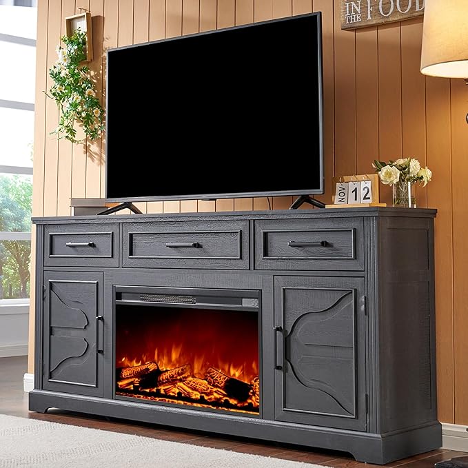 Farmhouse Fireplace TV Stand, Entertainment Center Table with 30'' Electric Fireplace,