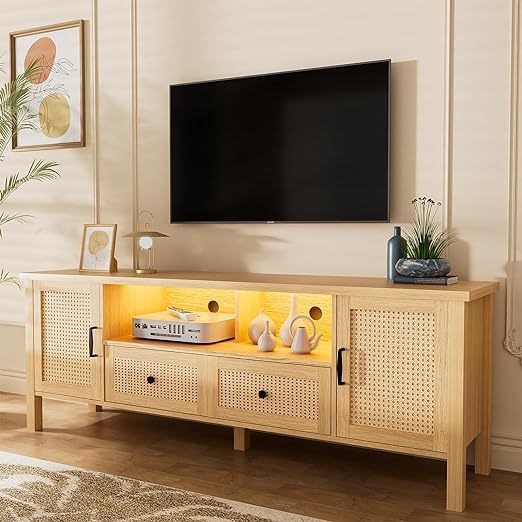 Rattan Tall Entertainment Center for 65 inch TV, Modern TV Stands for Living Room,Tall TV Stand