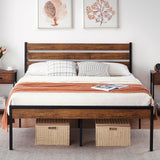 Size Bed Frame with Headboard Footboard, Rustic Brown Wood Farmhouse Metal Platform