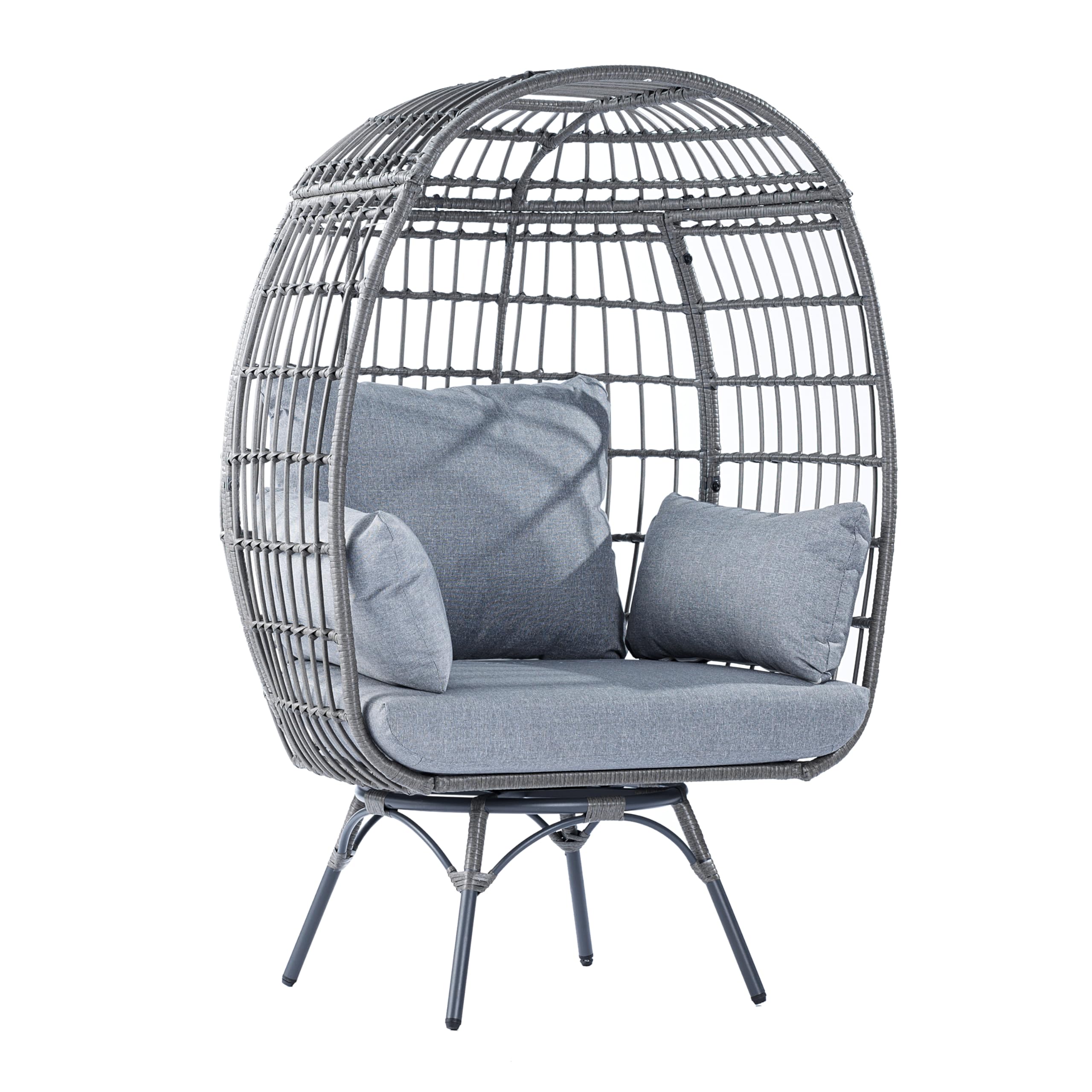 Commercial Indoor/Outdoor Swivel Lounge Chair, Oversized Wicker Egg Chair, 360 Degree Swivel, High Back, 4 Cushions, Gray