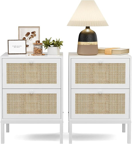 Rattan Nightstand Set of 2, Farmhouse Boho End Side Table with 2 Handmade Rattan Drawers,