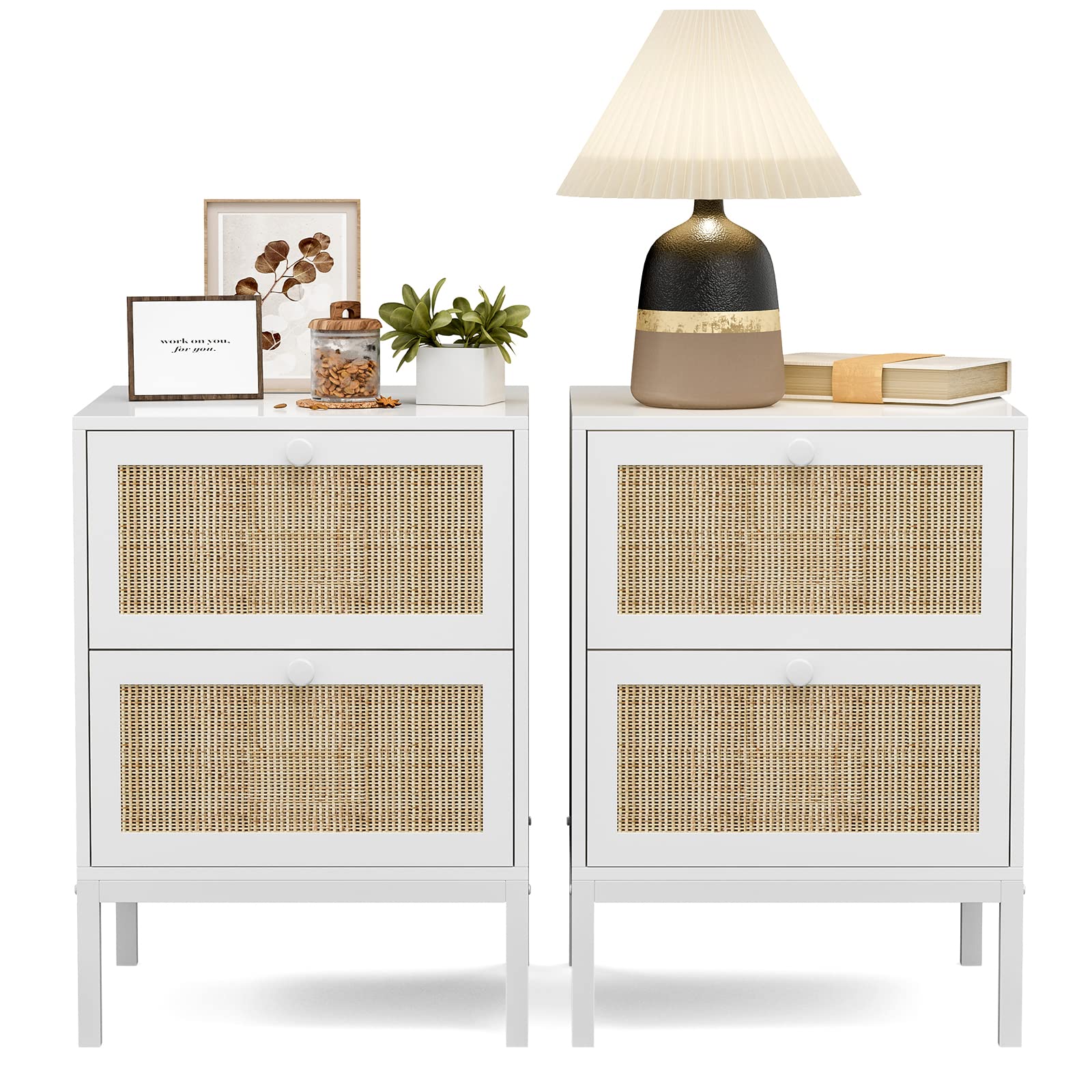 Rattan Nightstand Set of 2, Farmhouse Boho End Side Table with 2 Handmade Rattan Drawers,