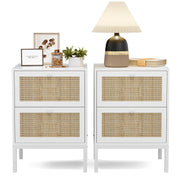 Rattan Nightstand Set of 2, Farmhouse Boho End Side Table with 2 Handmade Rattan Drawers,