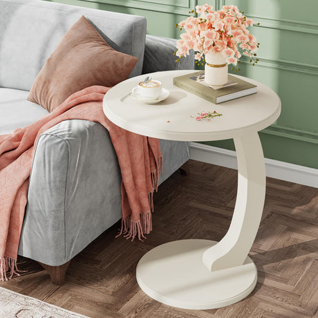 Round End Table, Wood C-Shaped Side Table, Small Couch Side Table