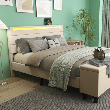 King Size Bed Frame with Headboard, USB Charging Station and LED Light, Footstool,