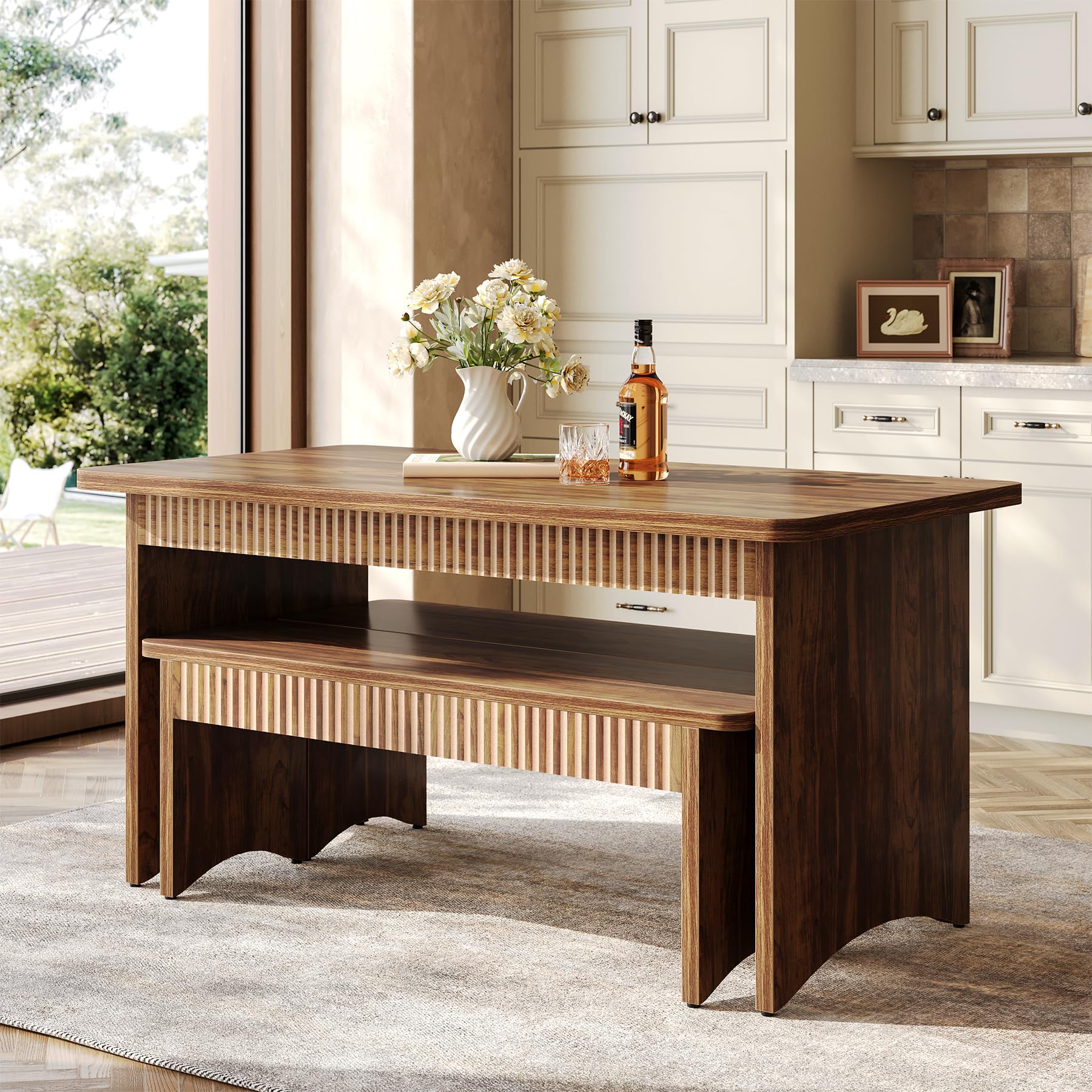 55" Farmhouse Dining Table Set with 2 Benches