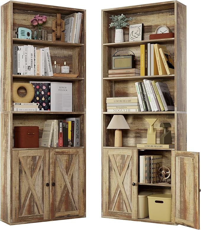 Industrial Bookshelves and Bookcases with Doors Set of 2 Floor Standing 6 Shelf Display