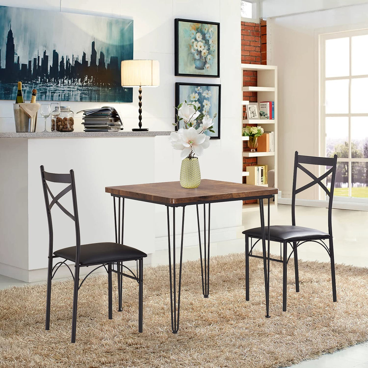 3 Piece Kitchen Dining Room Table and Chairs Set for Dinette, Breakfast Nook, Farmhouse
