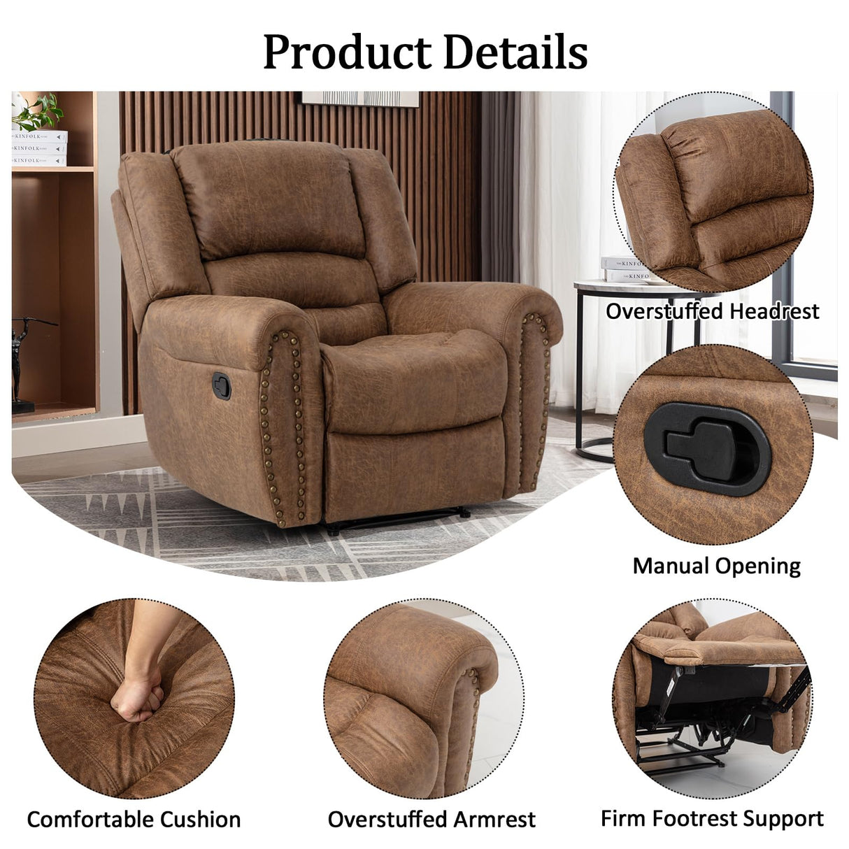 Leather Recliner Chair, Classic Breathable Manual Recliner Chair l