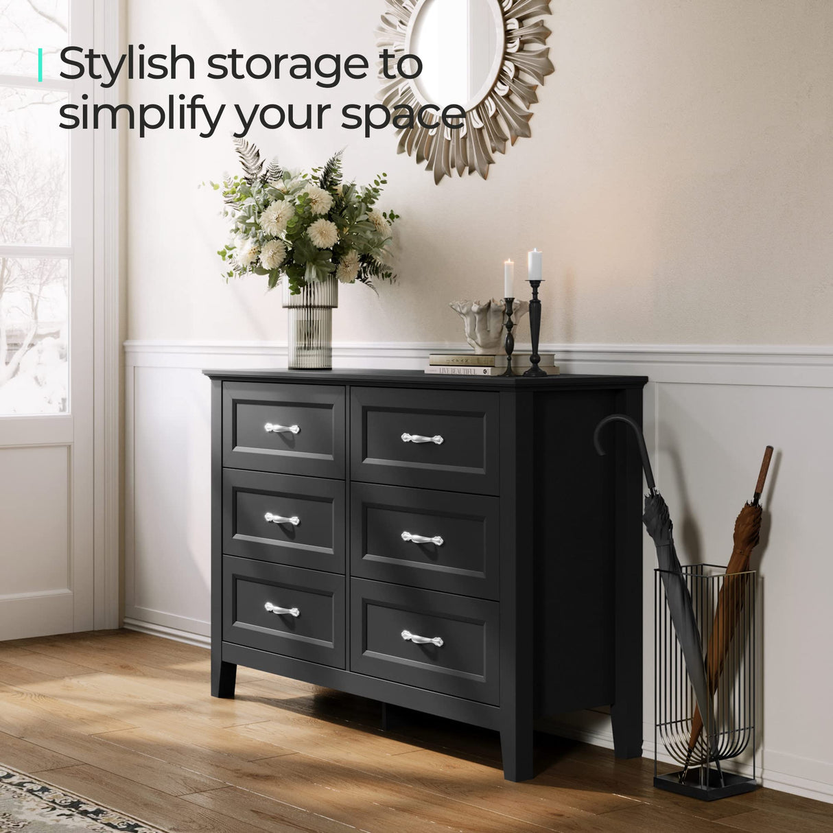 Black Dresser for Bedroom Long Dresser with 6 Drawers