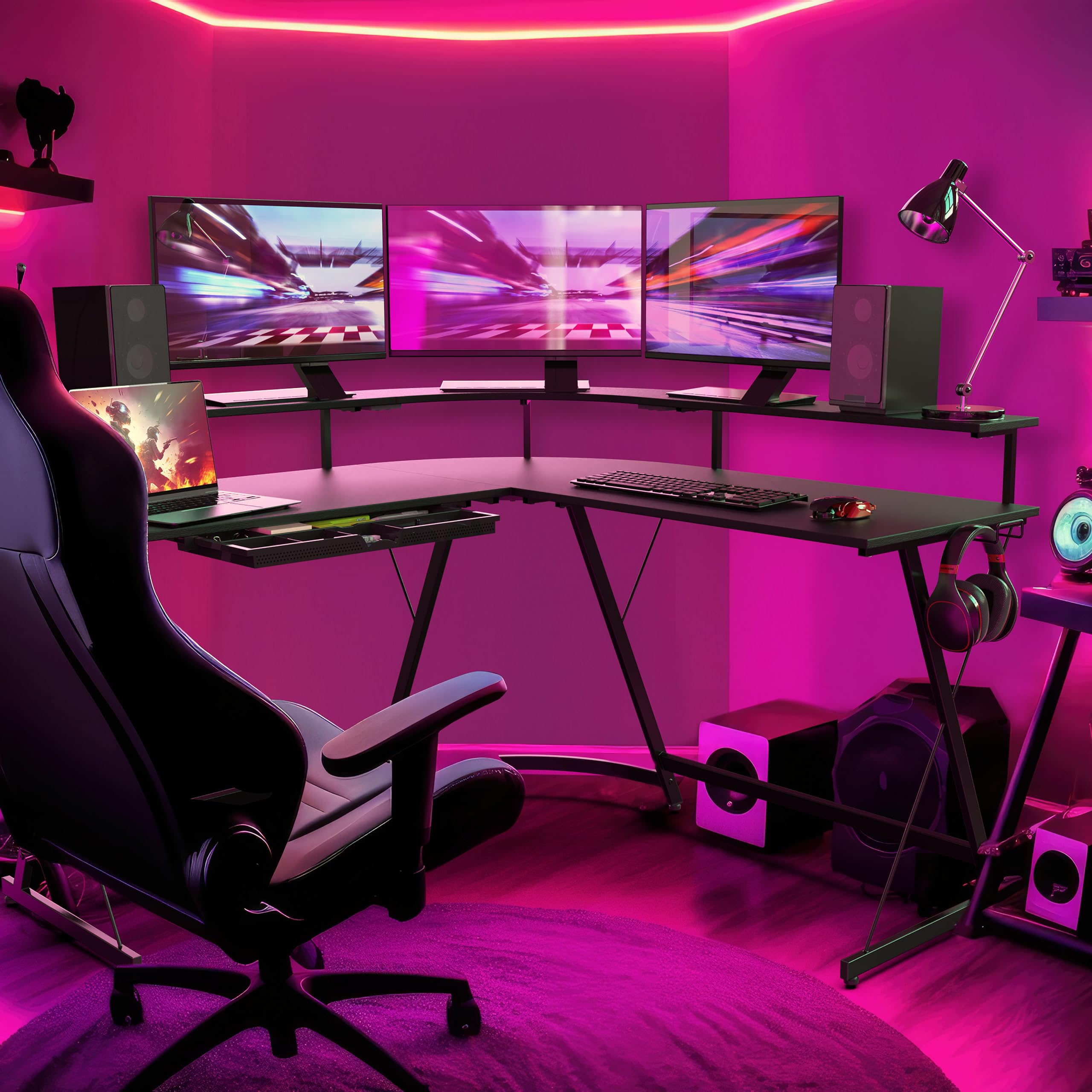 L Shaped Gaming Desk with Full Around Monitor Stand and Drawer, Black