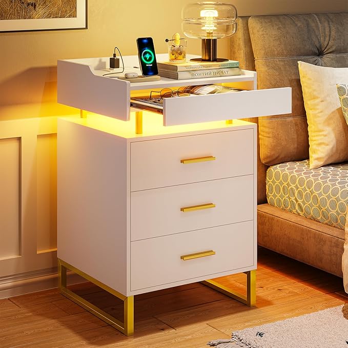 LED Nightstand with Charging Station, Night Stand with 3 Drawers and 1 Pull-Out Tray,