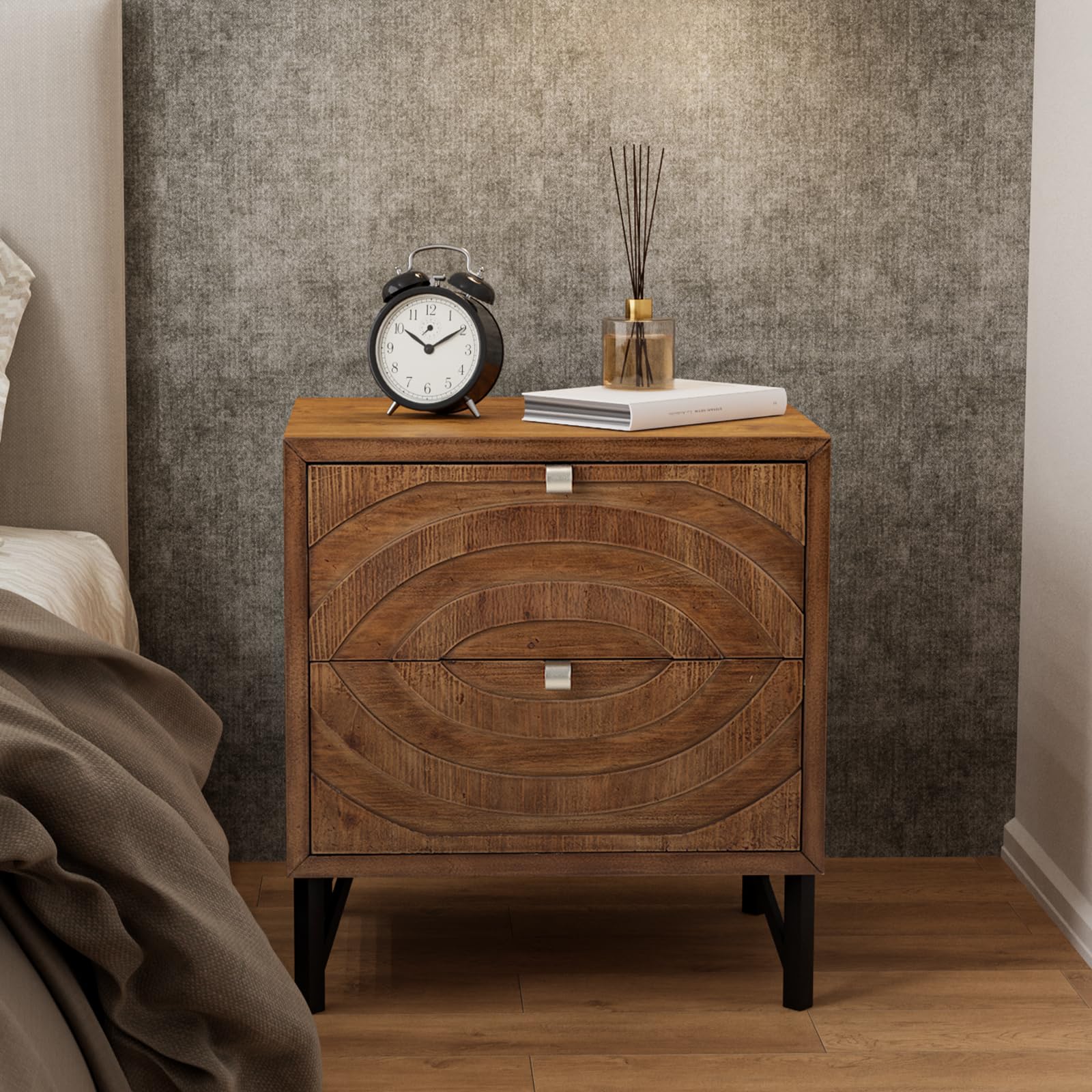 Rustic End Table with 2 Drawers, Vintage Wood Bedside Table