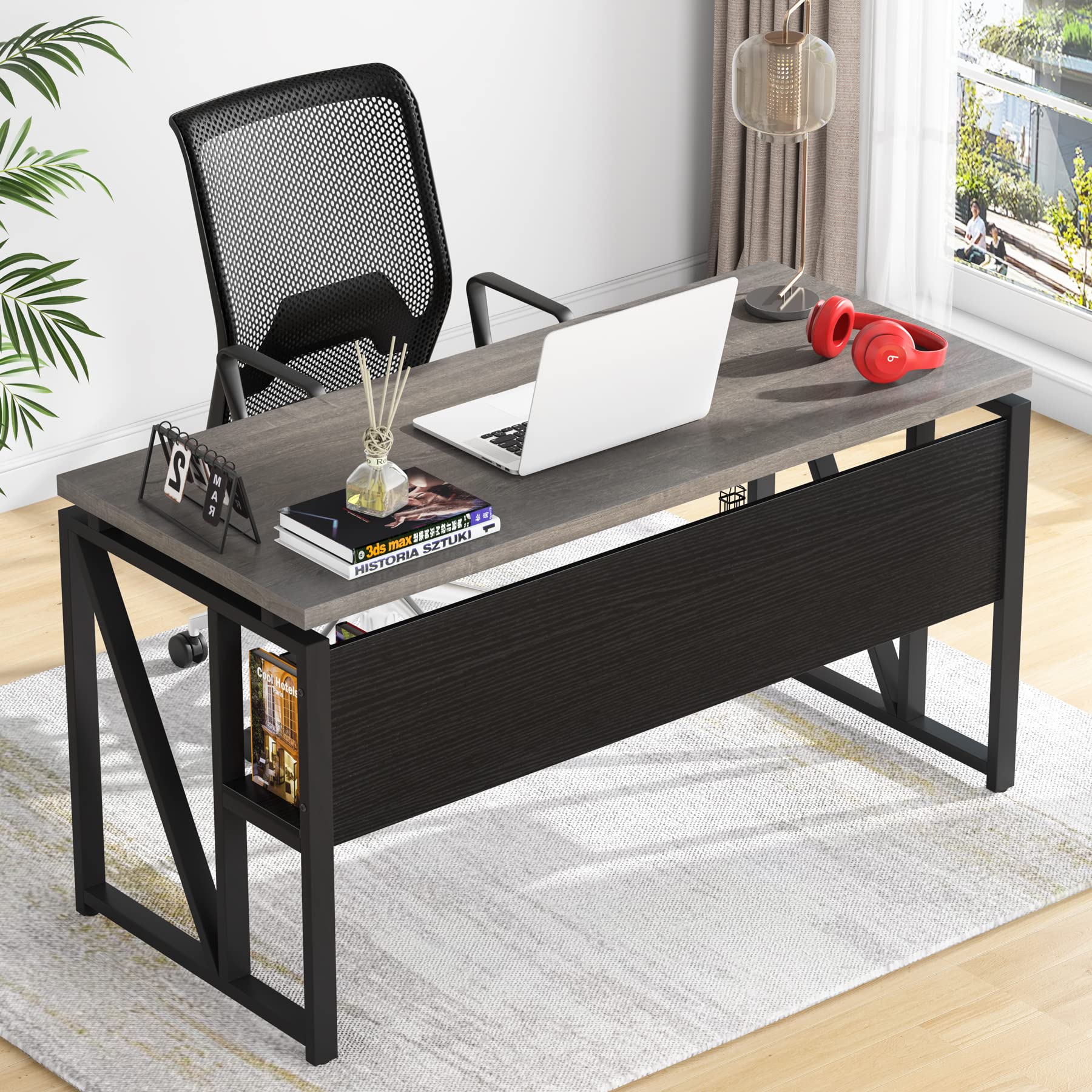 55-Inch L Shaped Office Desk with Drawers & Storage Shelves