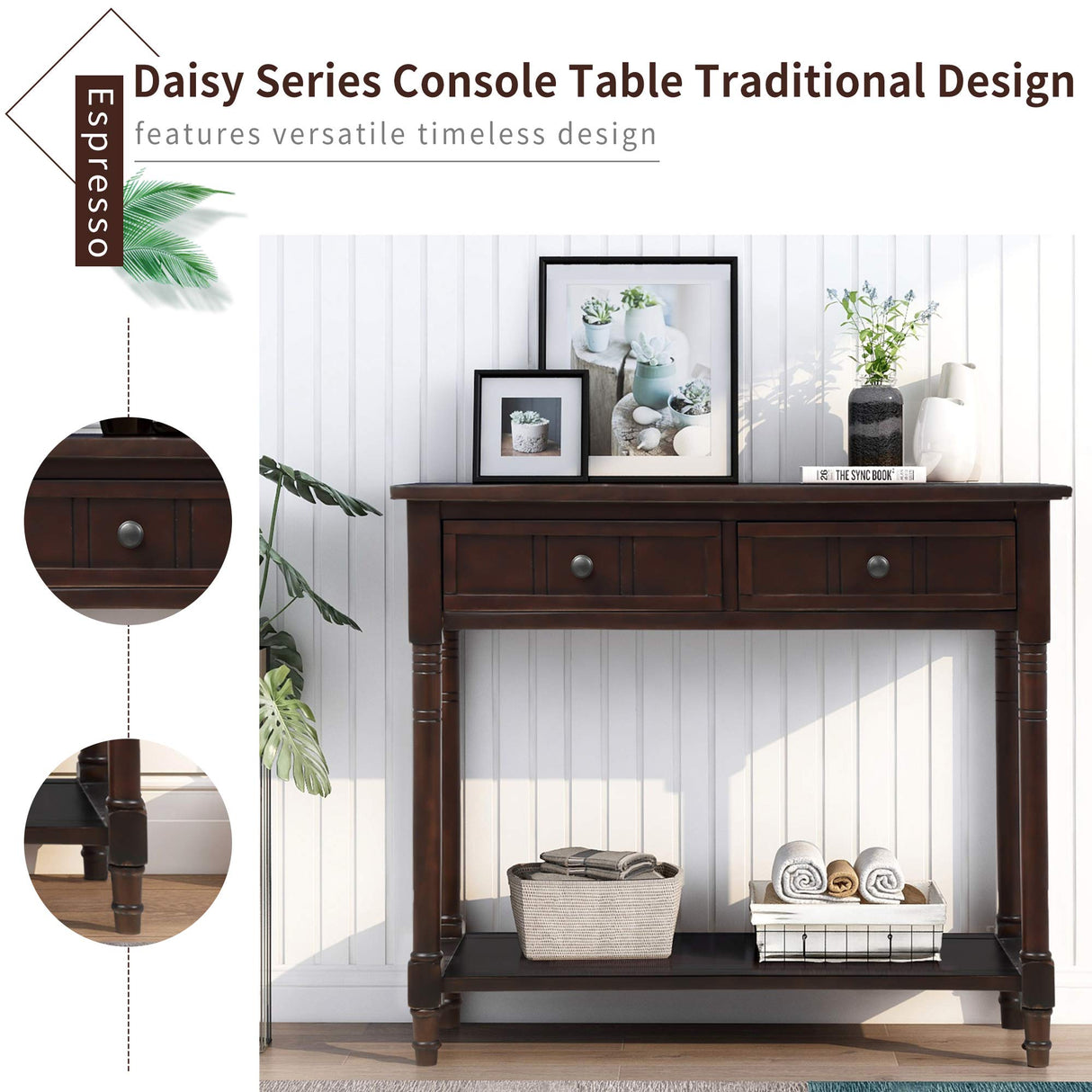 Wood Console Sofa Table with Drawer and Bottom Shelf, WeYoung Daisy Series Entryway