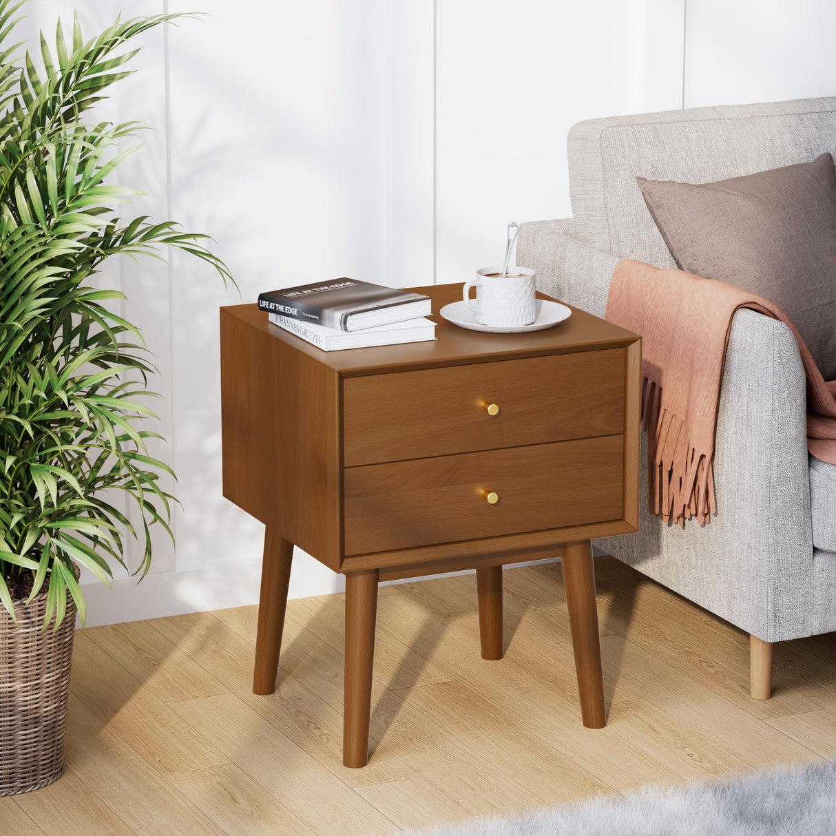 Solid Wood Nightstand with 2-Drawers, Mid-Century Modern Night Stand,Small Side End