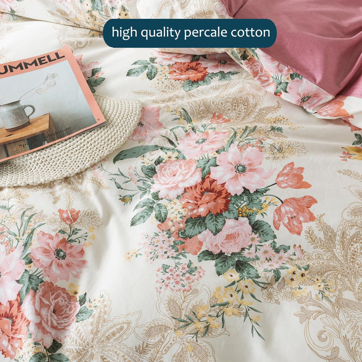 Shabby Floral Duvet Cover Set King Size 100% Cotton Pink Flower Bedding Retro Blush