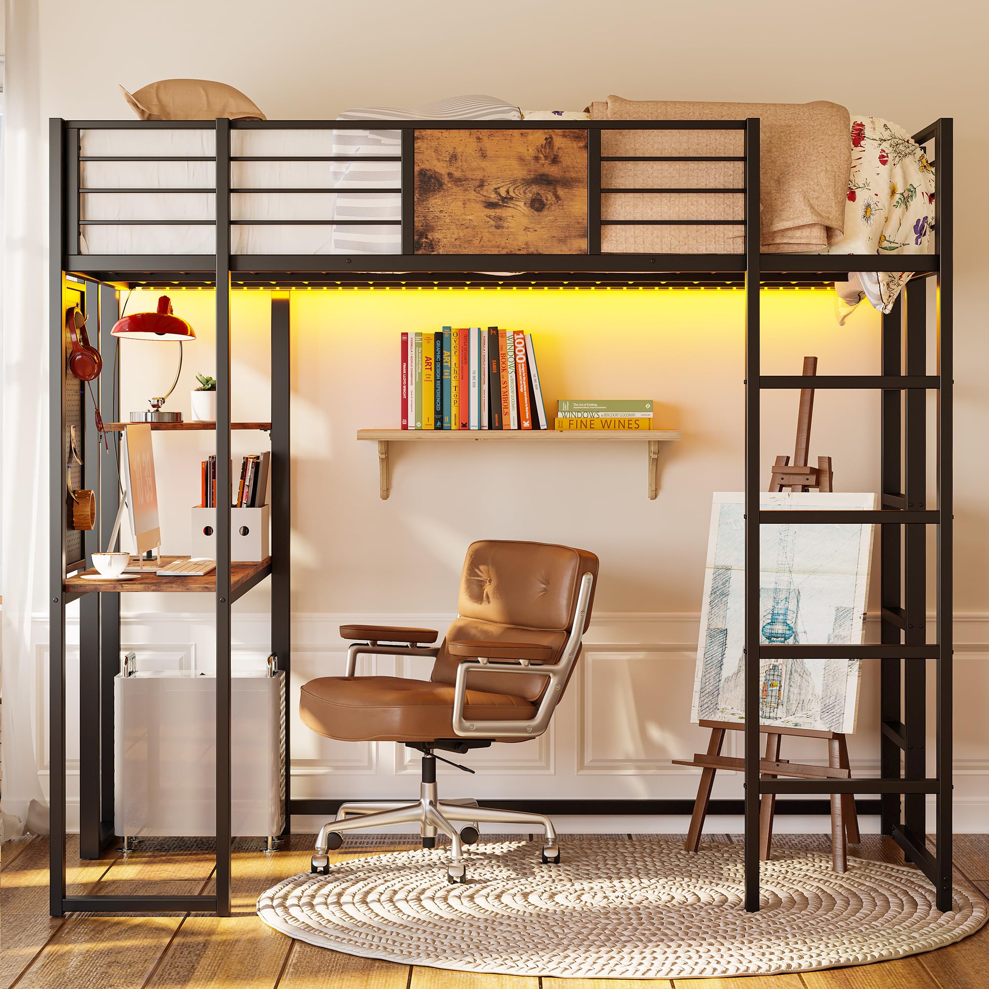 Loft Bed Twin Size with Desk and Shelves for Teens Adult