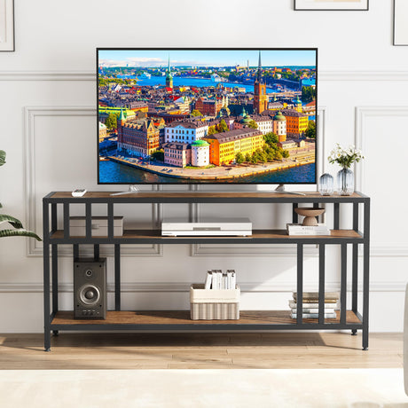 65'' TV Stand for TV up to 75 Inches, Entertainment Center with Open Storage Shelves, TV Media Console Table with Quadruple-Tube Support for Living Room, Bedroom - 65" Rustic Brown