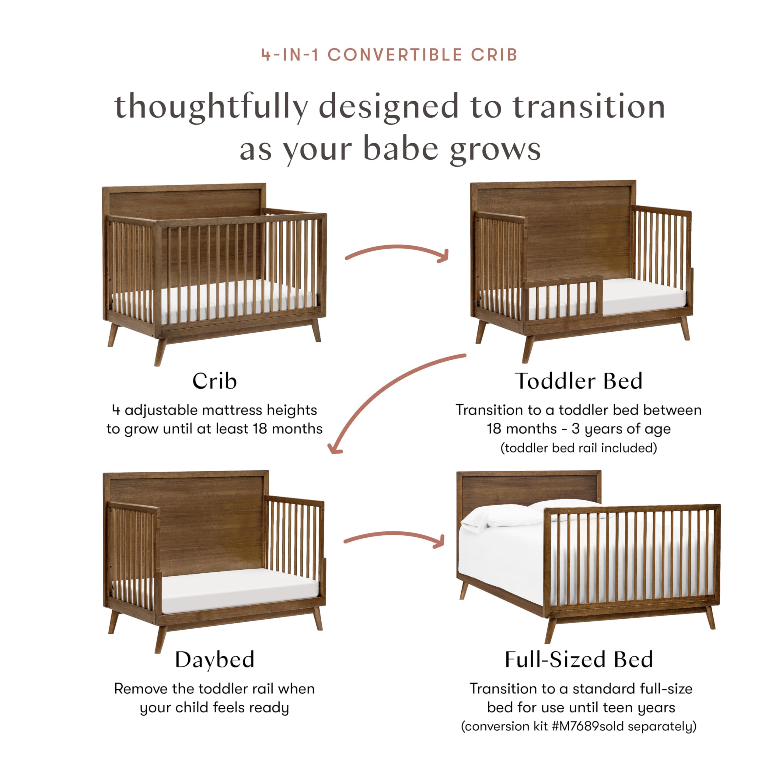 Babyletto Palma 4-in-1 Convertible Crib with Toddler Bed Conversion Kit in Natural Walnut, Greenguard Gold Certified