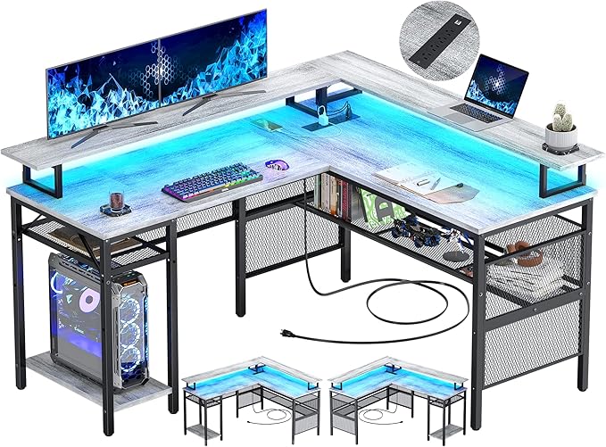 Reversible L Shaped Desk with Magic Power Outlets and USB Charging Ports