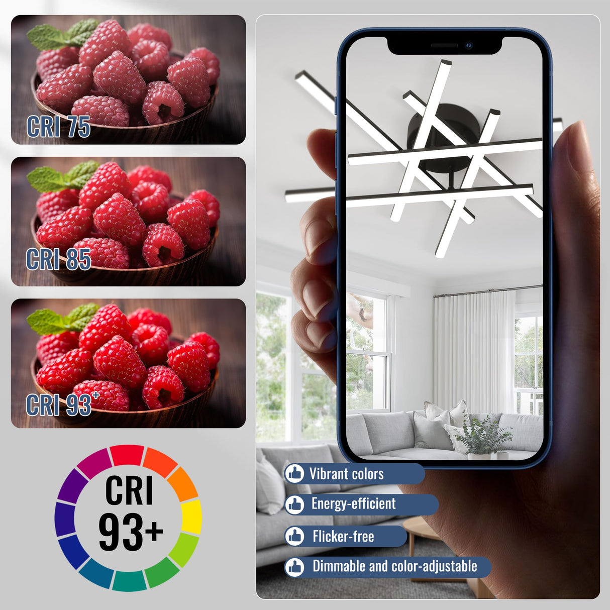 Modern LED Ceiling Light - Dimmable 5CCT Flush Mount (6 Lights, Black)