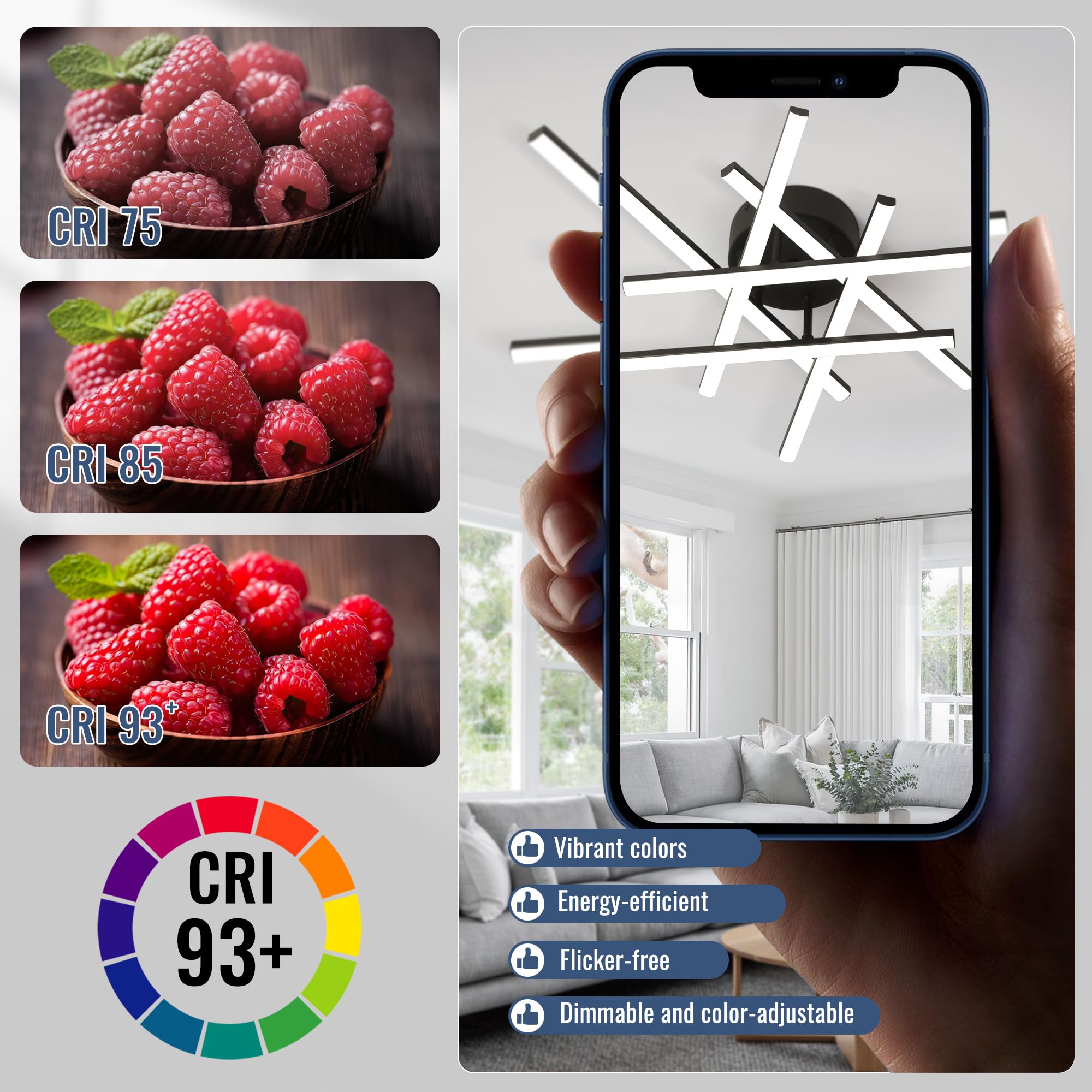 Modern LED Ceiling Light - Dimmable 5CCT Flush Mount (6 Lights, Black)