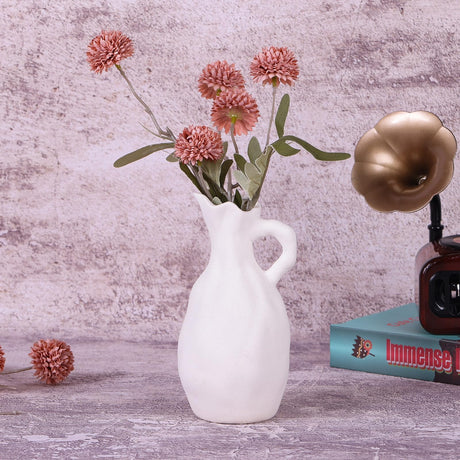 Ivory White Matte Small Vase Handled, Farmhouse Simple Clay Pitcher Vase