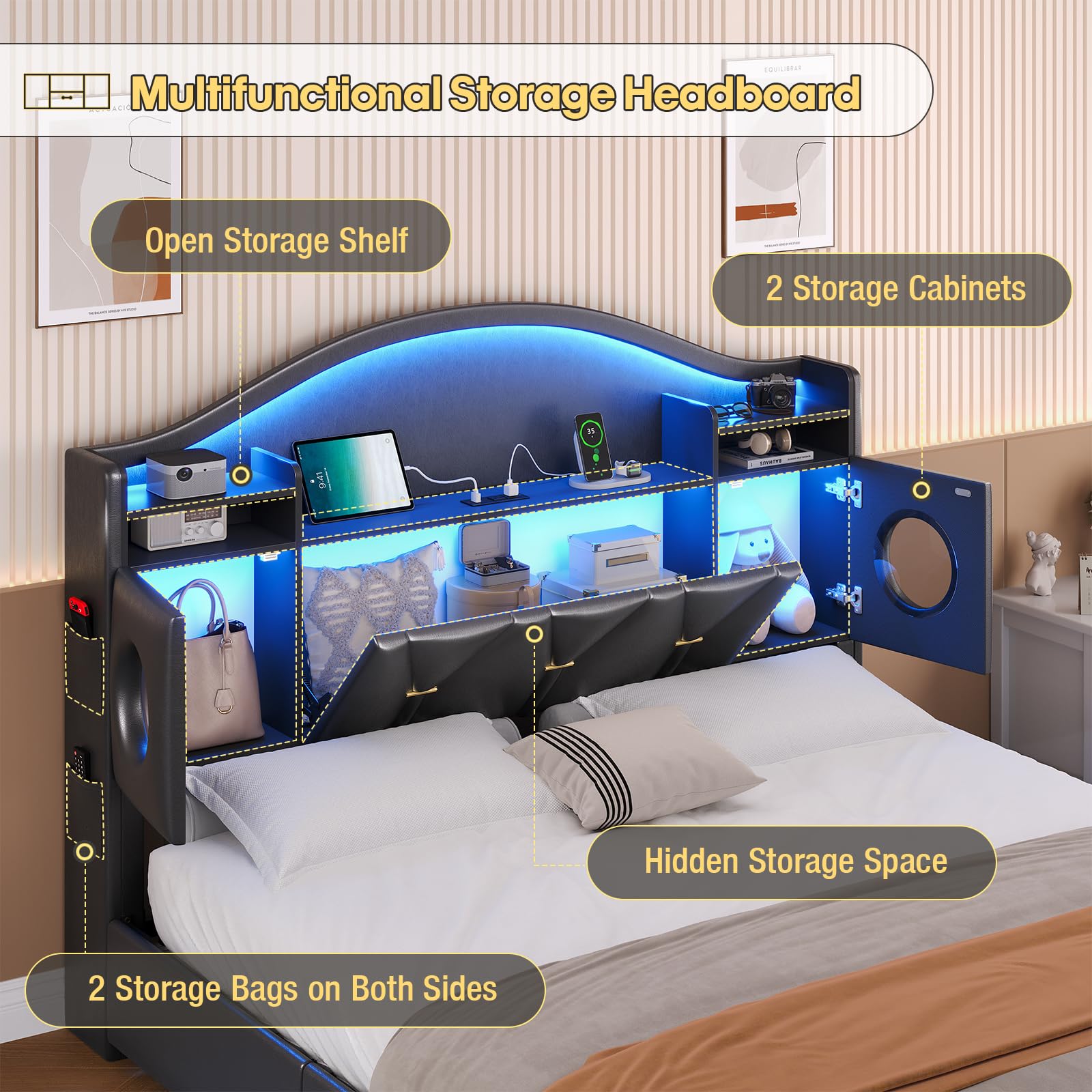 Queen Bed Frame with Storage Headboard and 6 Drawers